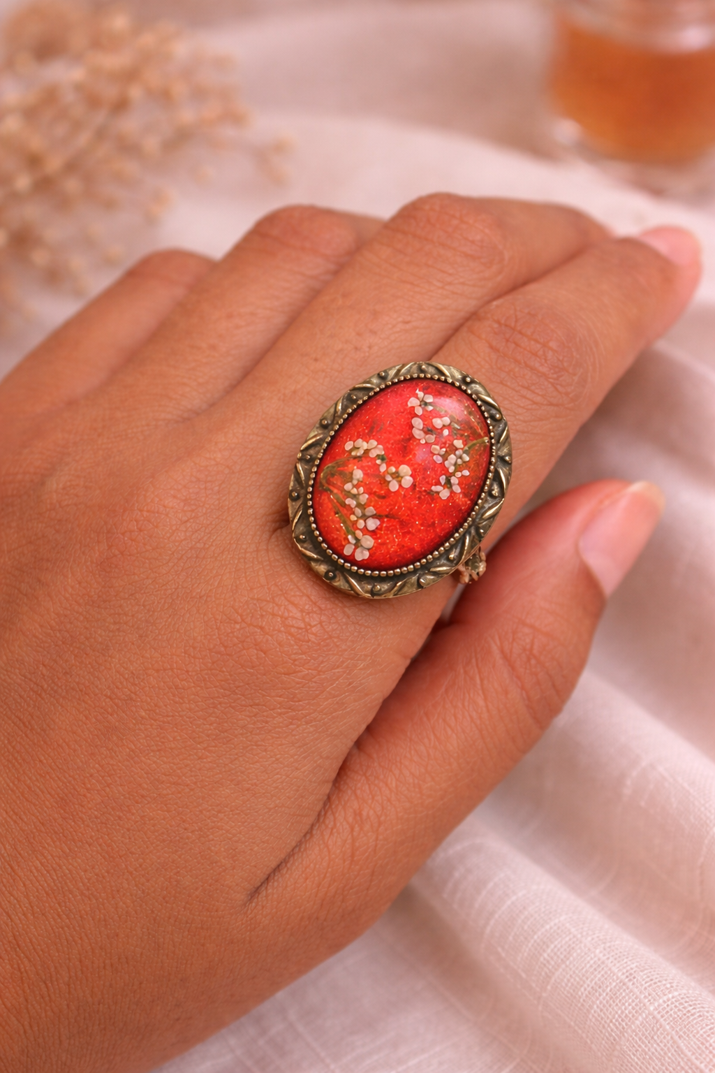 VINATGE VERMILLON FLORAL RING
